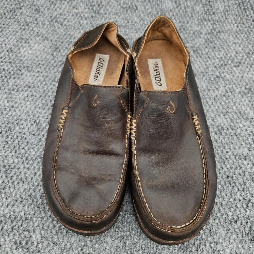 OluKai (Men's 9.5) Brown Moloa Leather Slip On Loafers Casual Shoes Moccasin